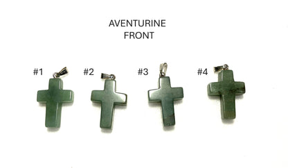 Four Green Aventurine Cross pendants labeled #1 to #4 shown on a white background.