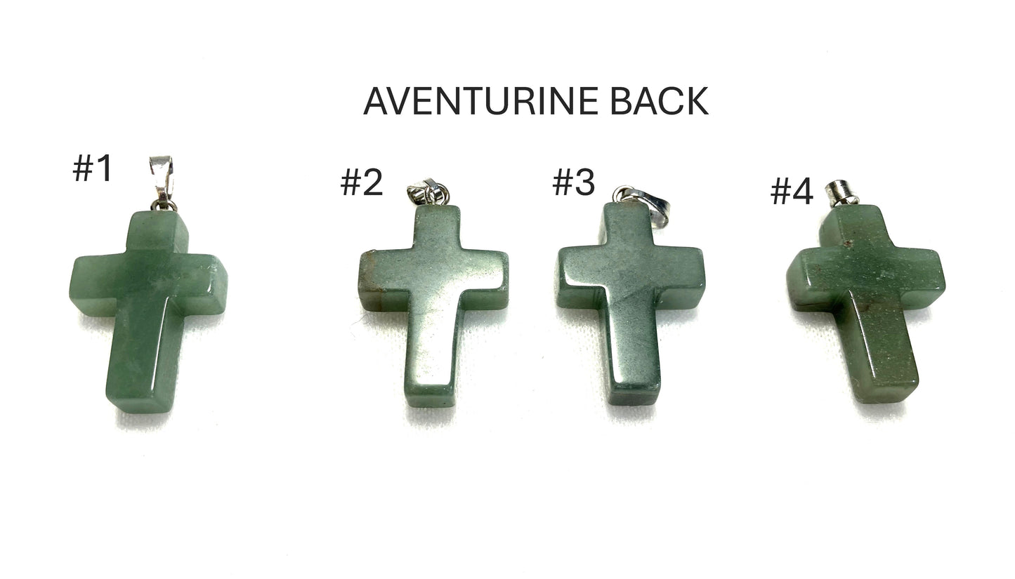 Four Green Aventurine Cross pendants with labels on a white background
