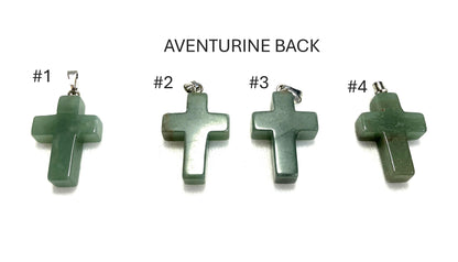 Four Green Aventurine Cross pendants with labels on a white background