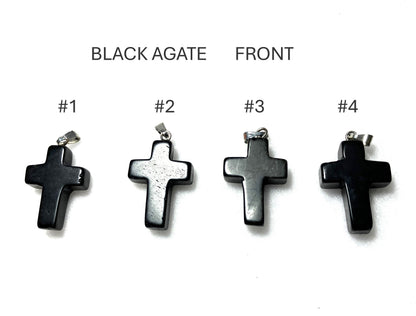 Four black agate cross pendants labeled #1 to #4 on a white background.