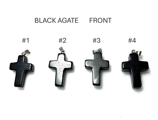 Four black agate cross pendants labeled #1 to #4 on a white background.
