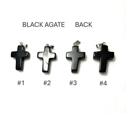 Back of four black agate cross pendants labeled #1 to #4 on a white background.