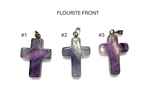 Three Flourite Cross pendants shown on a white background with labels.