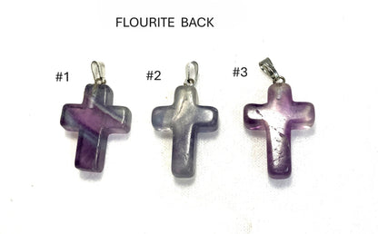 Three Flourite Cross pendants labeled '#1', '#2', and '#3' shown on a white background.
