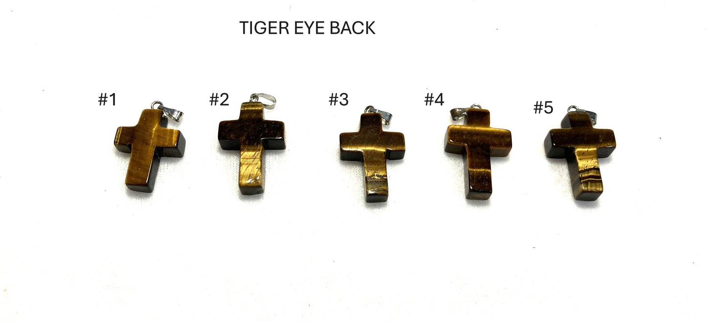 Five Tiger Eye Gemstone Cross showing backs displayed on a white background