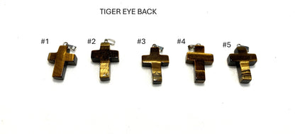 Five Tiger Eye Gemstone Cross showing backs displayed on a white background