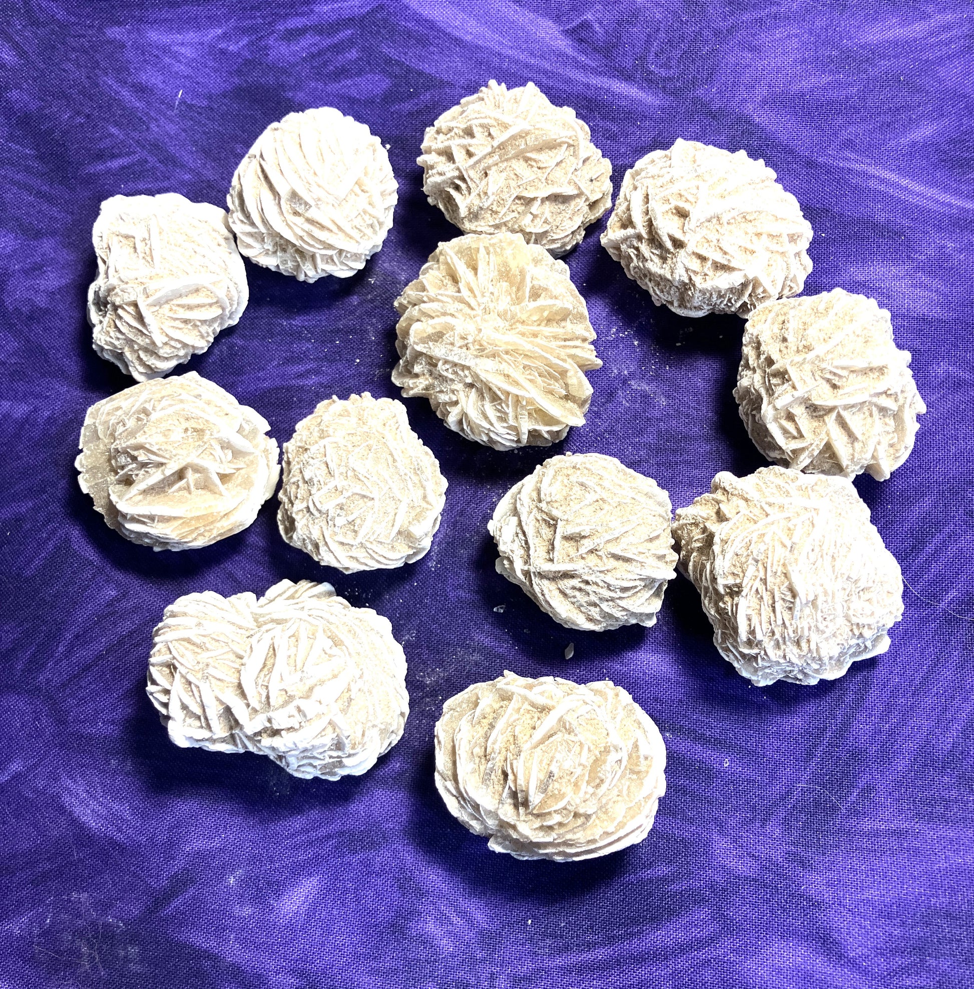 Desert Rose Selenite grouping on a purple background