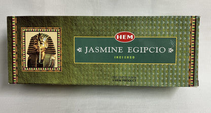 A master box of HEM Egyptian Jasmine  incense on a light gray background