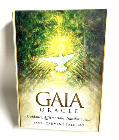 Box cover of 'Gaia Oracle' with a dove and radiant design on a green and yellow background