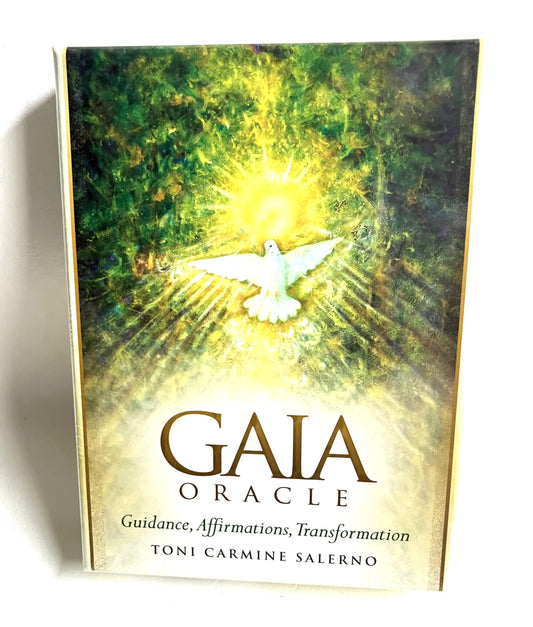 Box cover of 'Gaia Oracle' with a dove and radiant design on a green and yellow background