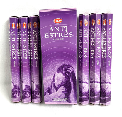 Purple HEM Anti Stress incense packages on a white background
