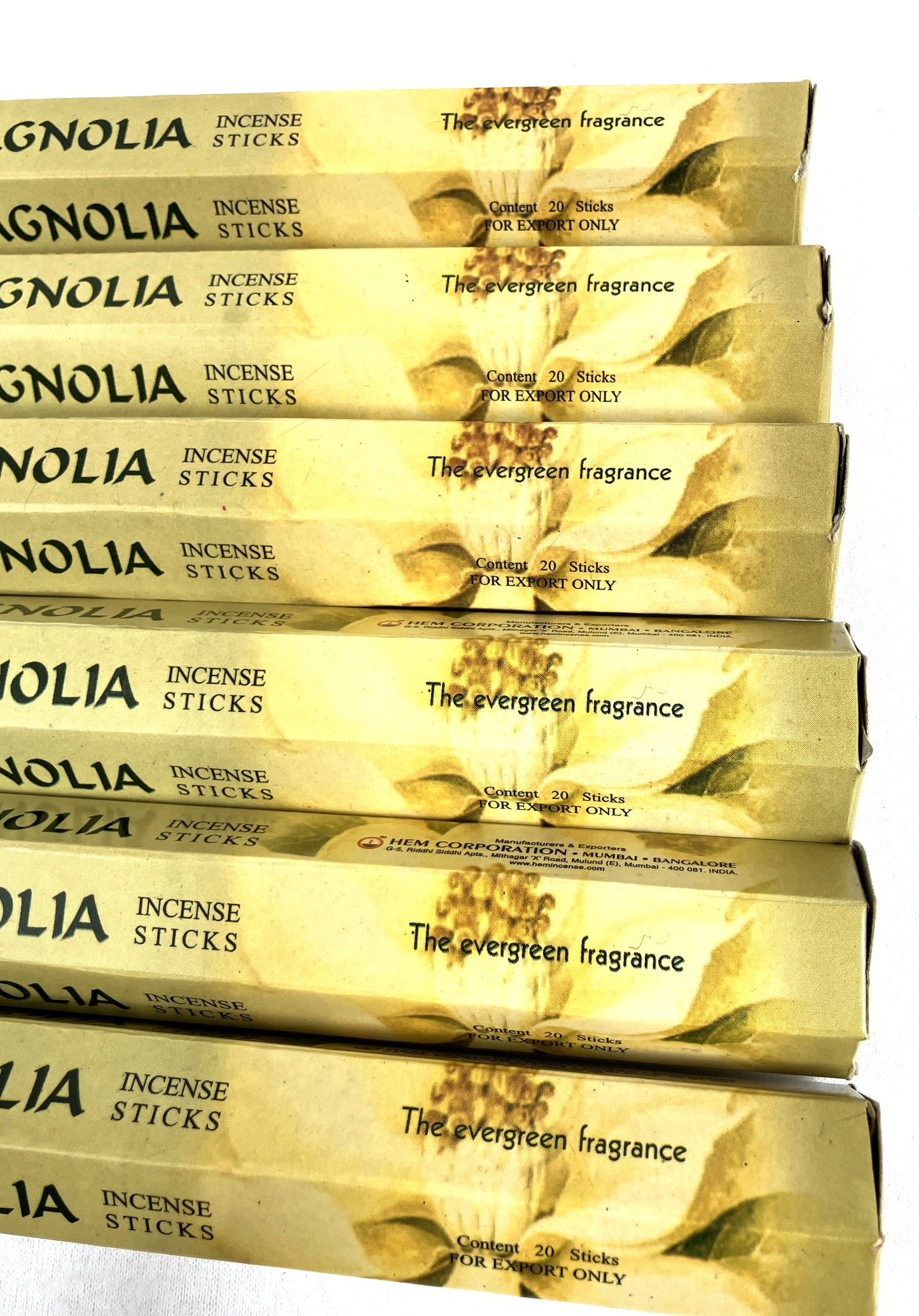 Stack of Magnolia Incense 20 Stick boxes on a white background