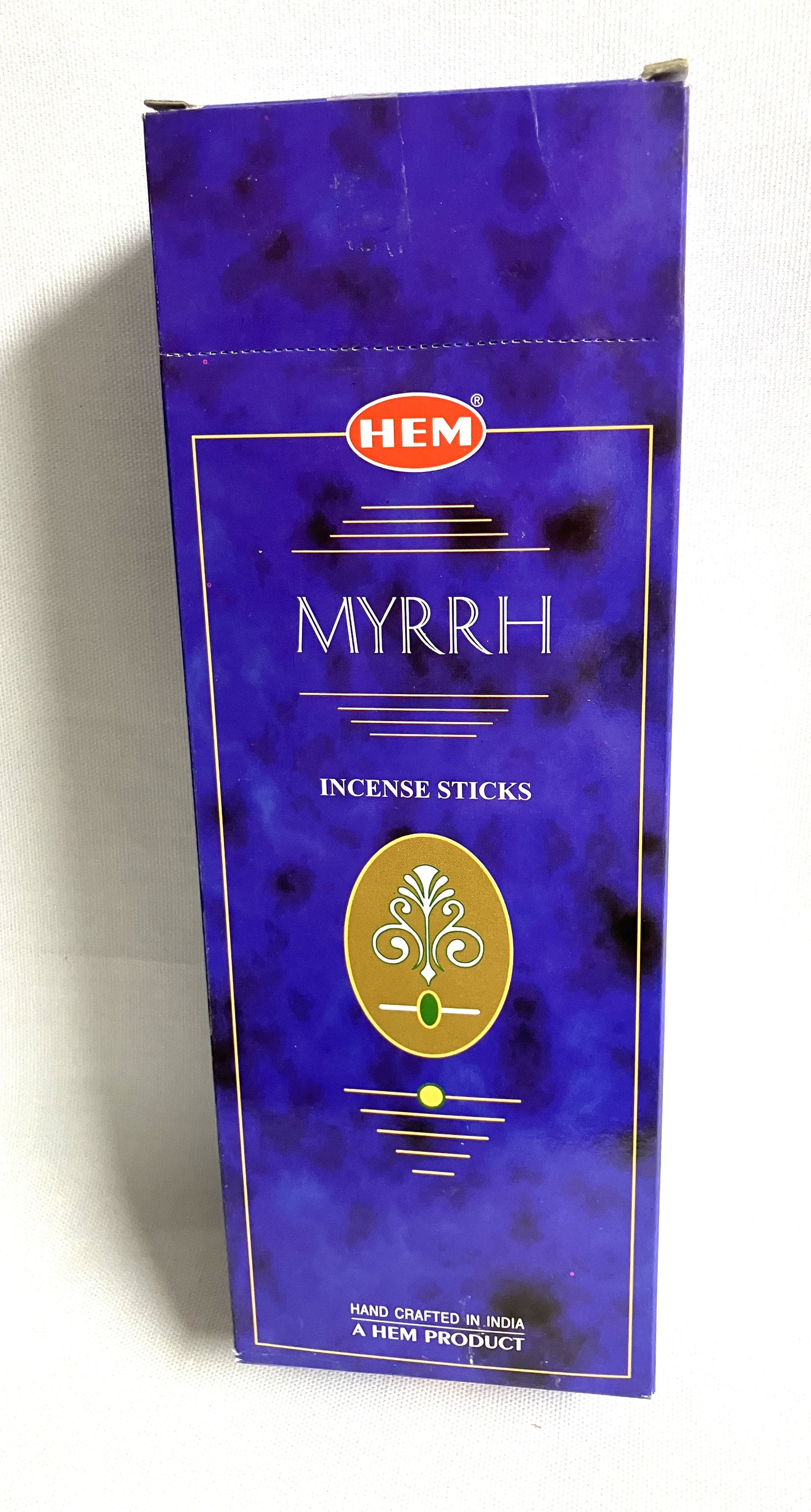 Box of HEM Myrrh Incense Sticks with purple design and gold accents.