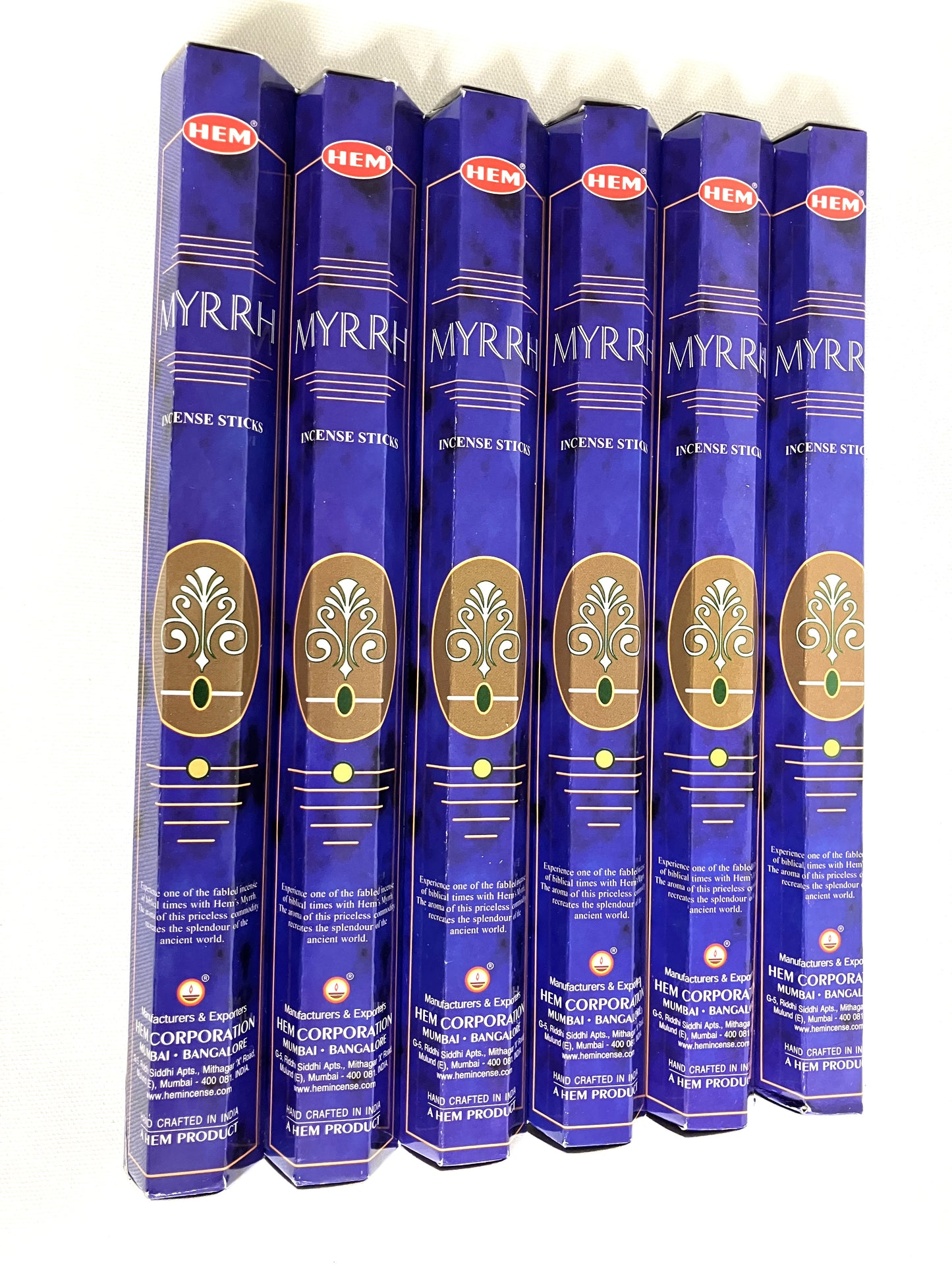 Pack of HEM Myrrh incense sticks with blue packaging on a white background
