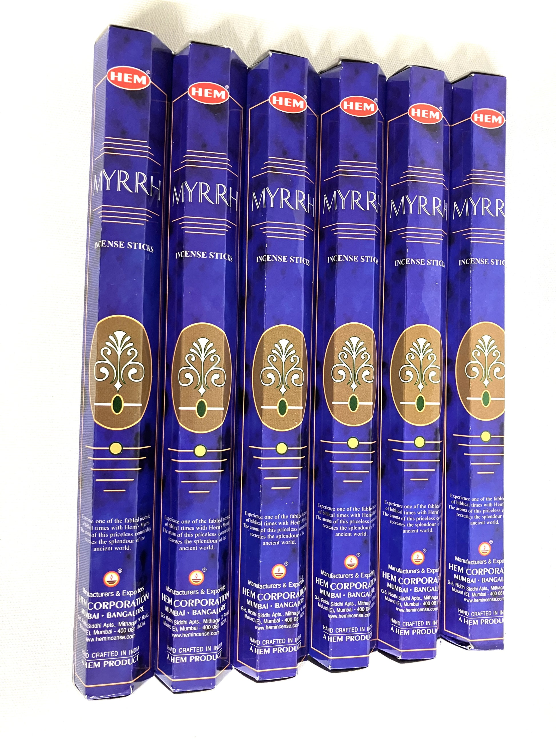 Pack of HEM Myrrh incense sticks with blue packaging on a white background