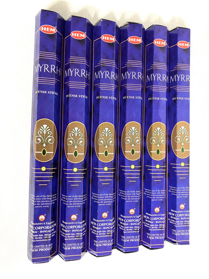 Pack of HEM Myrrh incense sticks with blue packaging on a white background