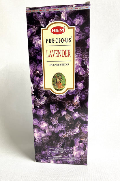 Hem Precious Lavender incense sticks packaging with purple gemstone design on a white background