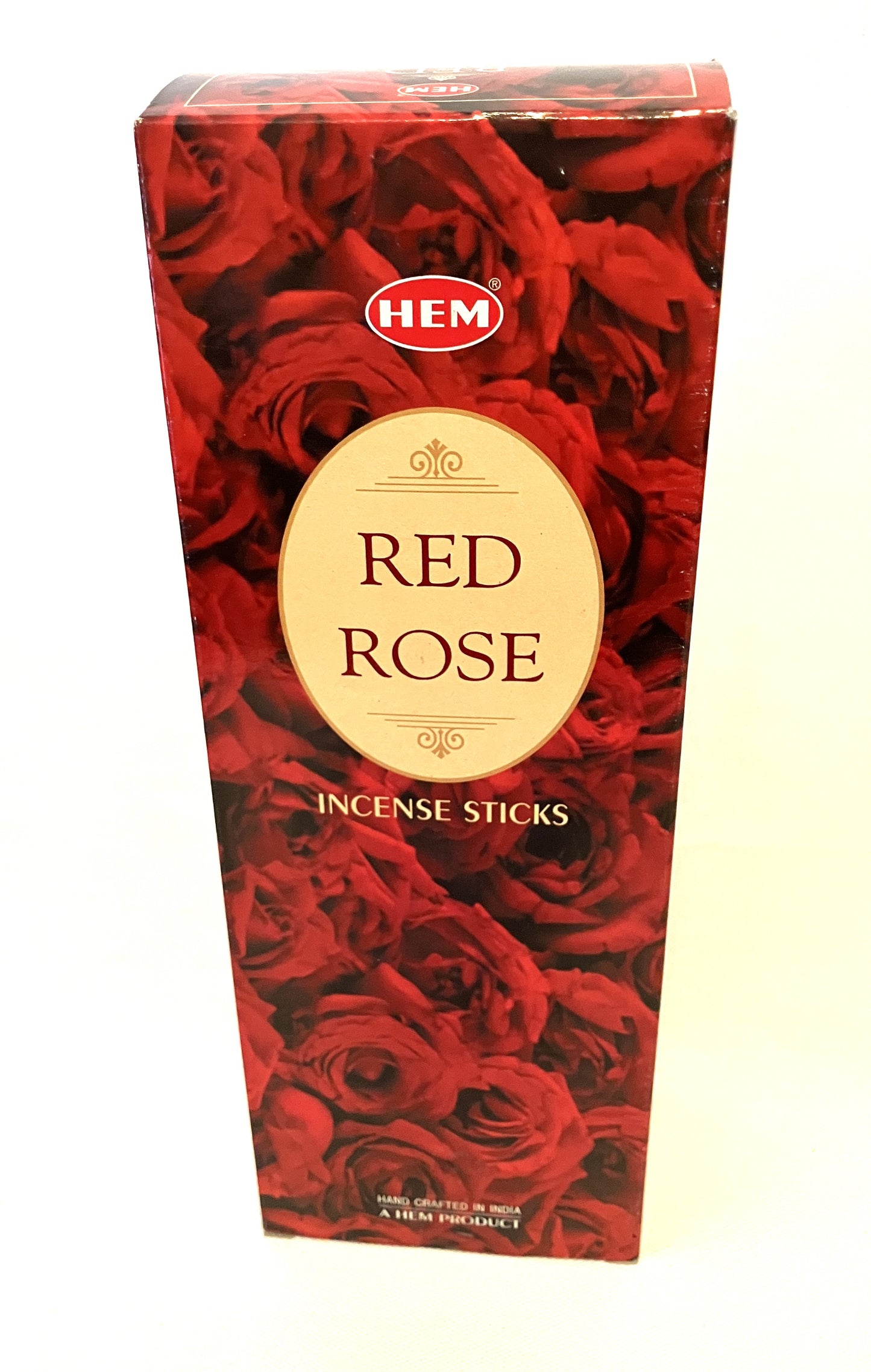 Box of HEM Red Rose incense sticks with red roses on a white background