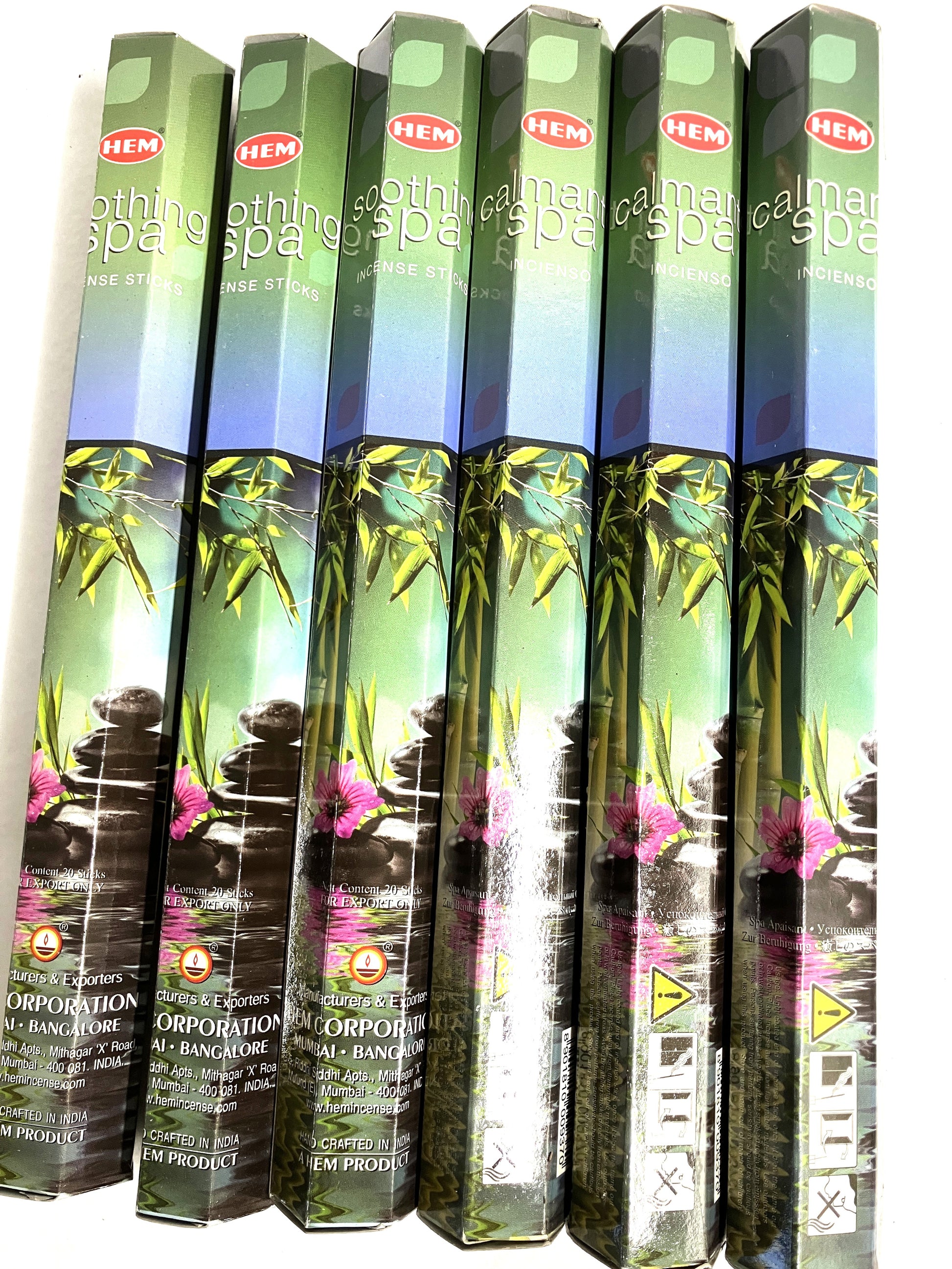Multiple boxes of HEM Soothing Spa Incense Sticks on a white background