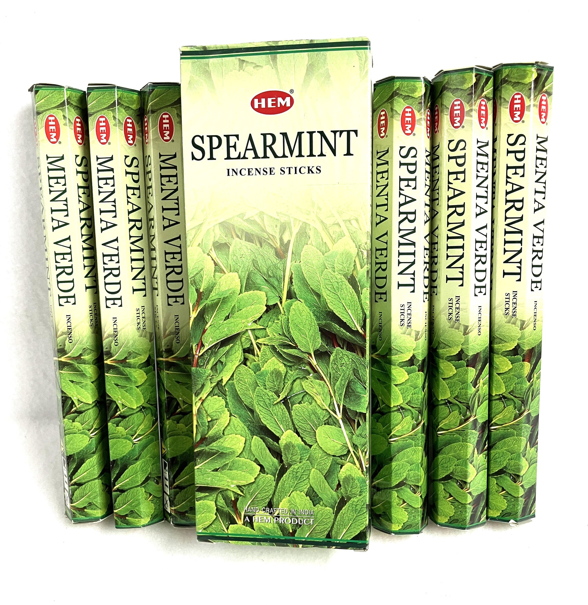 HEM Spearmint incense sticks packaging with green leaf design on a white background