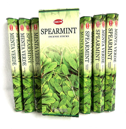 HEM Spearmint incense sticks packaging with green leaf design on a white background