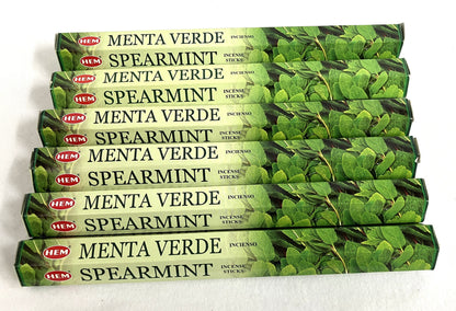 Stack of HEM Spearmint and Menta Verde incense sticks packaging on a white background