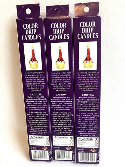 Back of three packages of Color Drip Candles on a white background