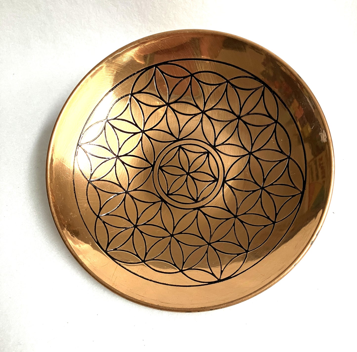 Copper Flower of Life bowl with etched pattern