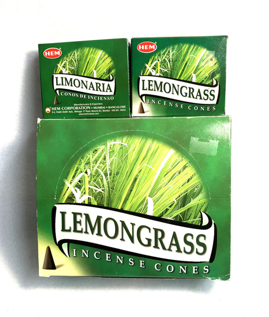 Master carton and two boxes of HEM Lemongrass incense cones shown on a white background