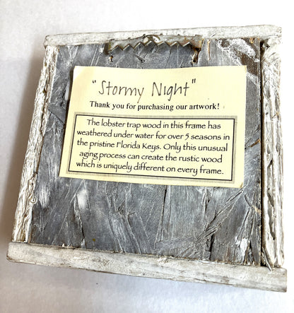 Wooden frame with 'Stormy Night' label depicting the origin of the frame on a white background