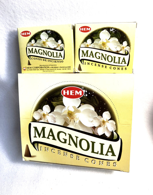 Master carton and two boxes of HEM Magnolia incense cones shown on a white background