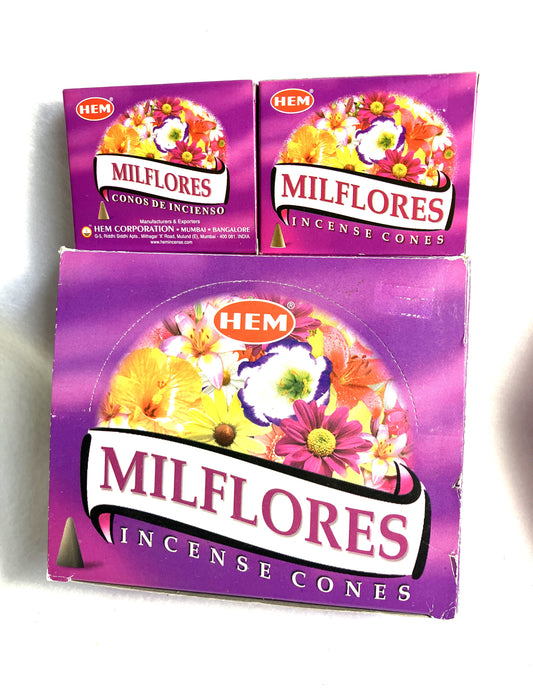 Master carton and two boxes of HEM Milflores Incense Cones shown on a white background