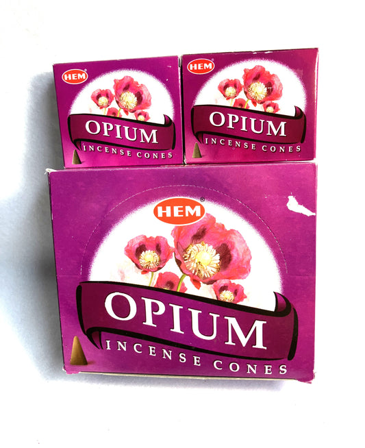 Master carton and two boxes of HEM Opium Incense Cones shown on a white background