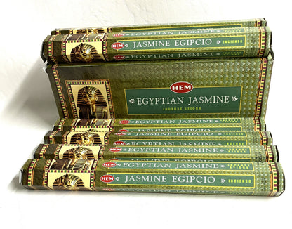 Stack of HEM Egyptian Jasmine incense packages shown on a white background