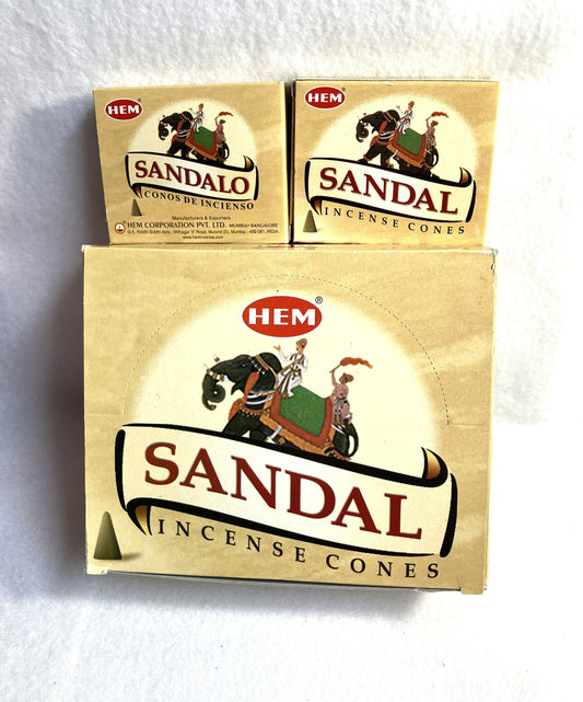 Hem Sandal incense cones with both Spanish and English titles on a white background. Individual boxes of 20 and a master carton shown