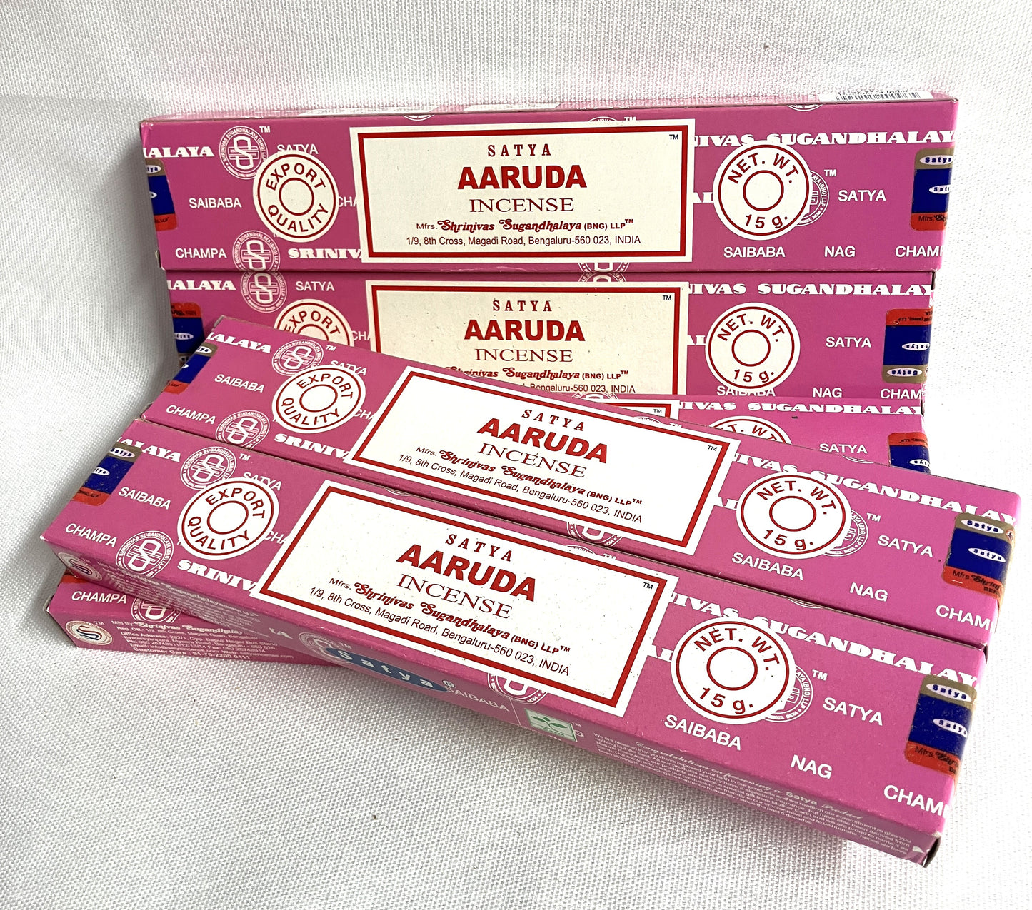 Four packs of Satya Aaruda incense on a white background