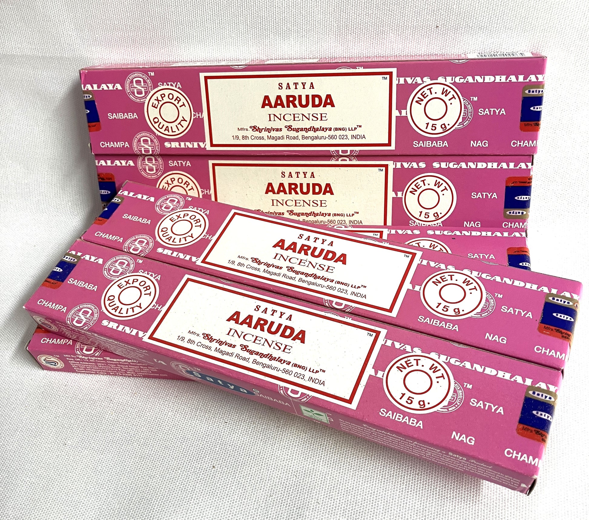 Four packs of Satya Aaruda incense on a white background