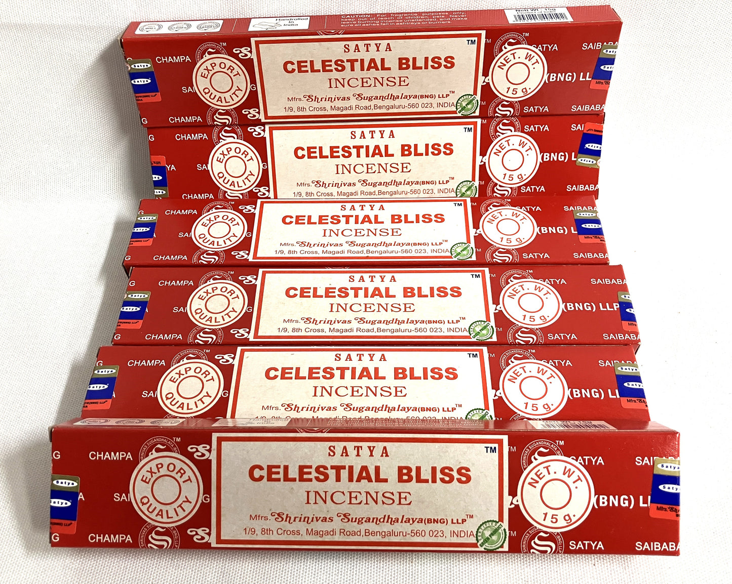 Stack of Satya Celestial Bliss Incense boxes on a white background