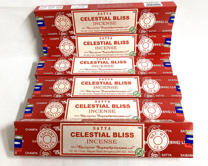 Stack of Satya Celestial Bliss Incense boxes on a white background
