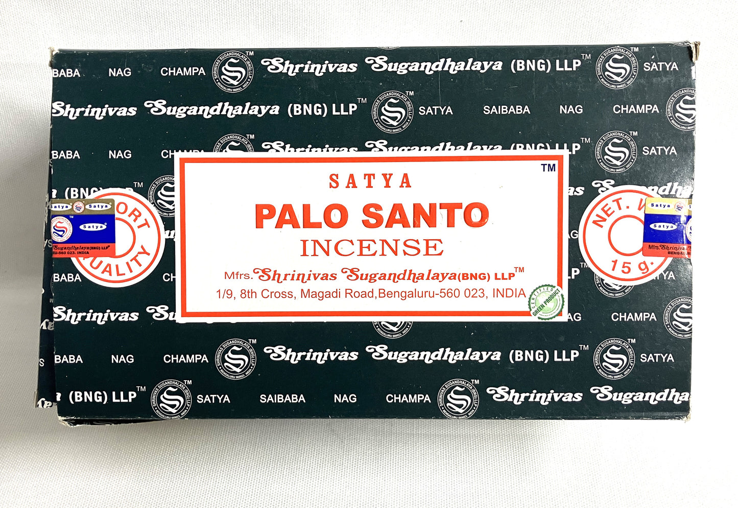 Box of Satya Palo Santo Incense with branding and product details.