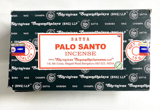 Box of Satya Palo Santo Incense with branding and product details.
