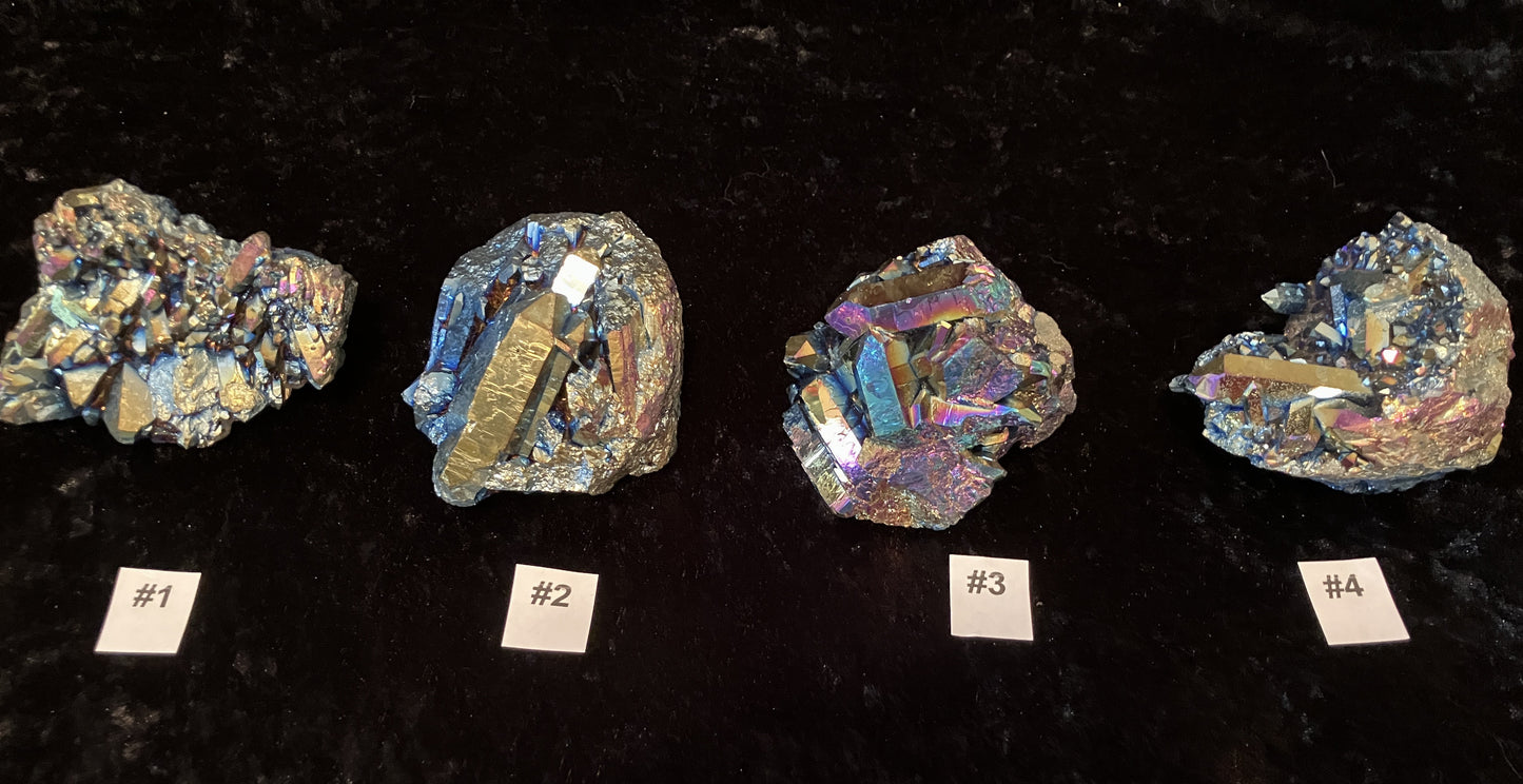 Assorted Titanium Plated Quartz Clusters that can help enhance your mood