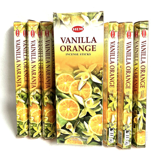 Packaging of Vanilla Orange incense sticks with brand name HEM on a white background