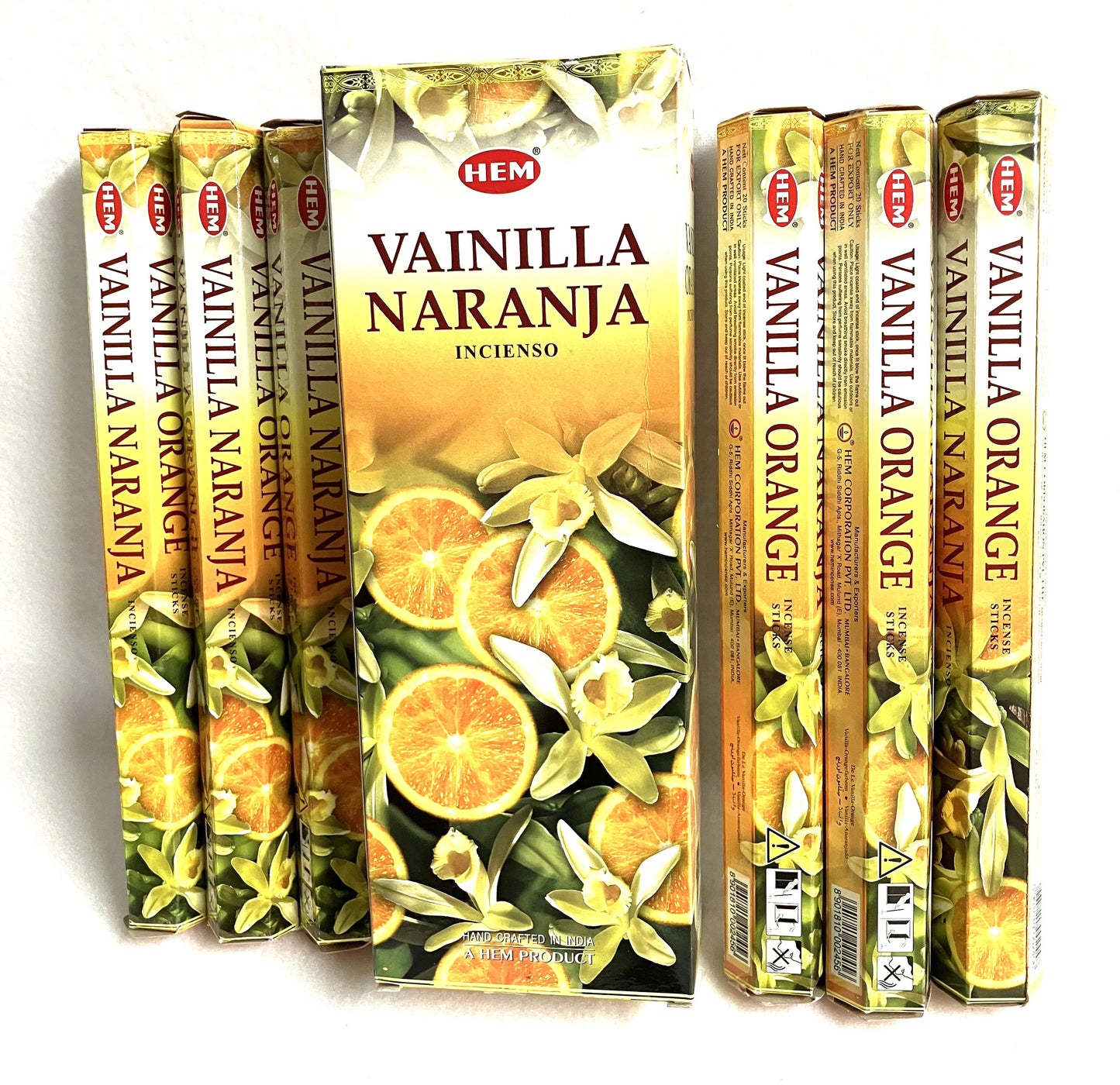Hem Vanilla Orange incense sticks packaging showing both English and Spanish on a white background