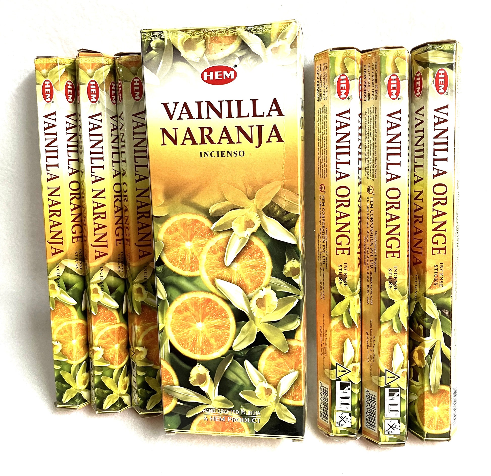 Hem Vanilla Orange incense sticks packaging showing both English and Spanish on a white background