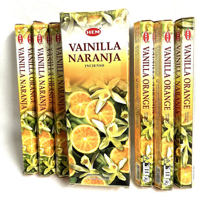 Hem Vanilla Orange incense sticks packaging showing both English and Spanish on a white background
