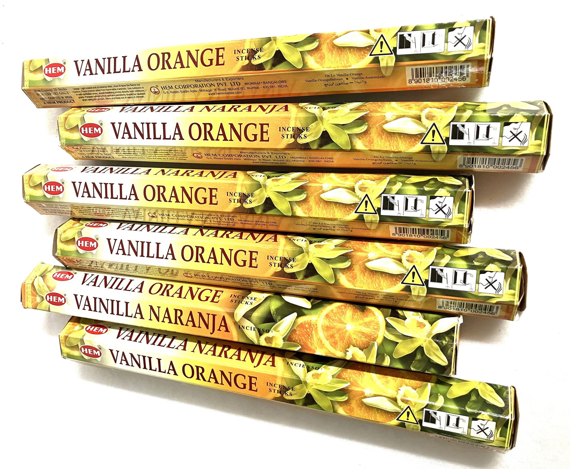 Multiple packages of Vanilla Orange incense sticks on a white background